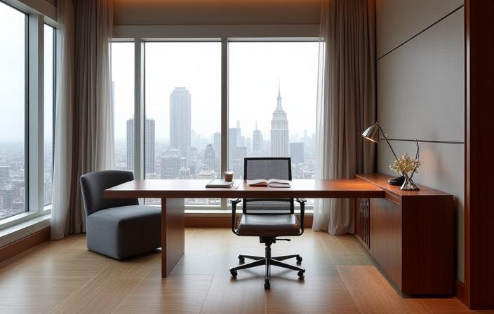 Modern midtown executive suite with bespoke desk and lounge seating